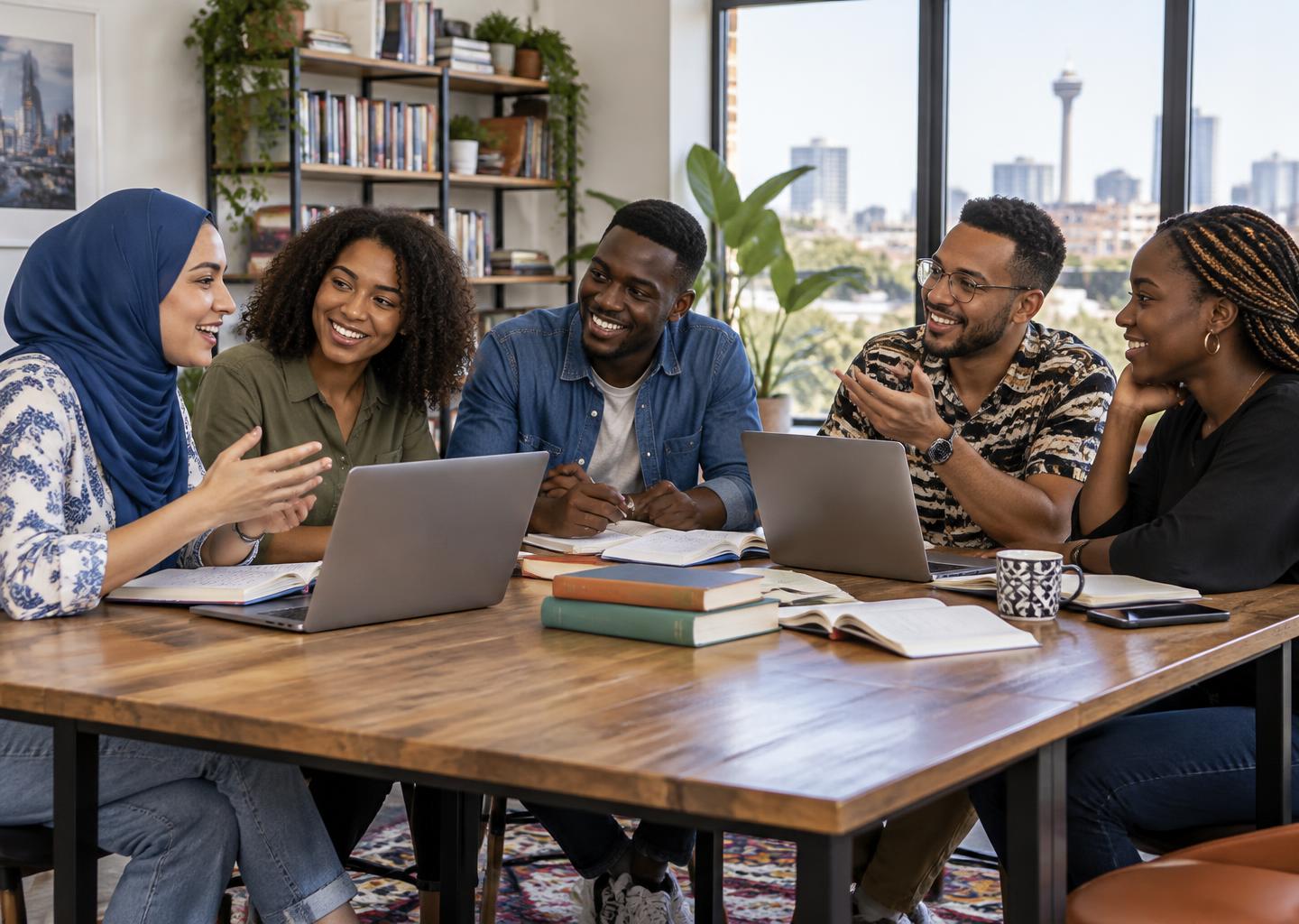 Five diverse African adults, including a woman wearing a hijab, practising conversation together with laptops