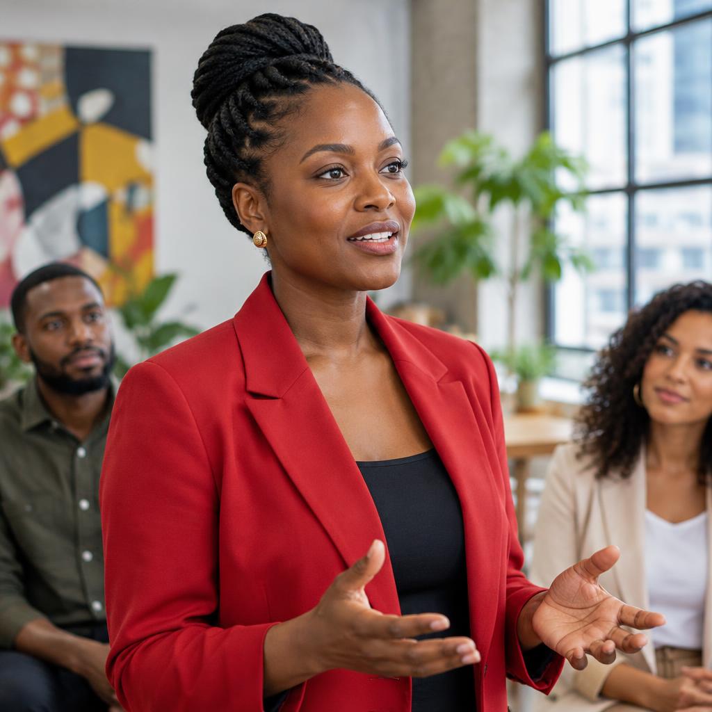 A confident woman in a red jacket contributing to a group discussion