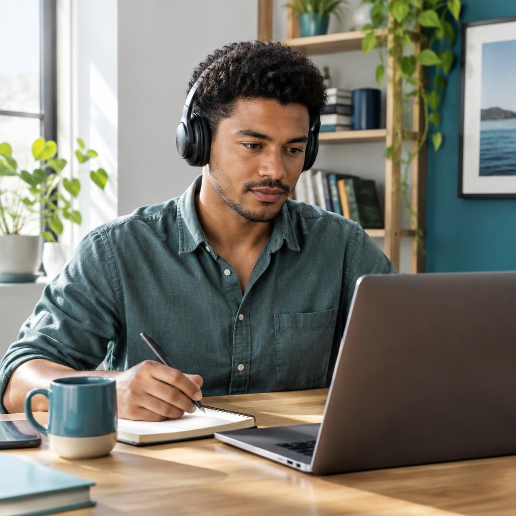 An adult man wearing headphones learning with a laptop and notebook