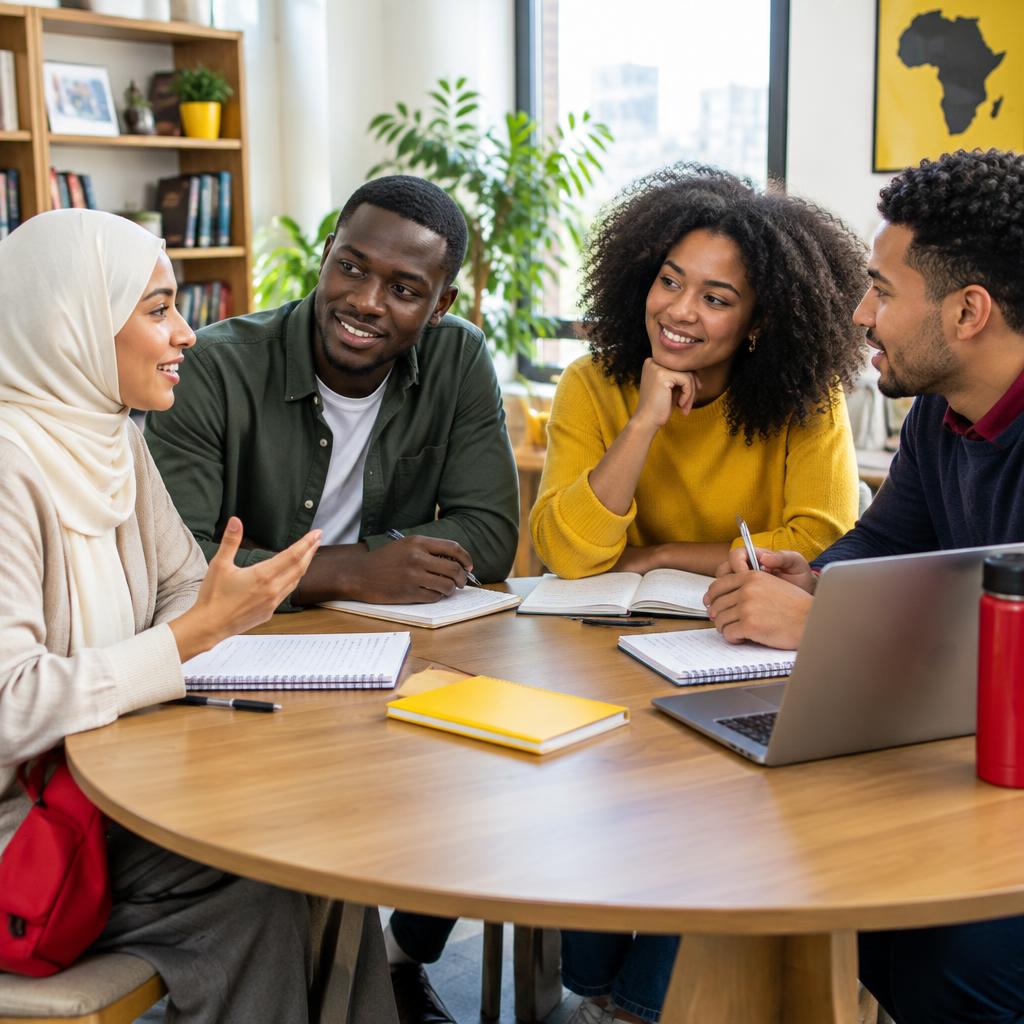 Diverse adult learners, including a woman in a hijab, sharing a conversation