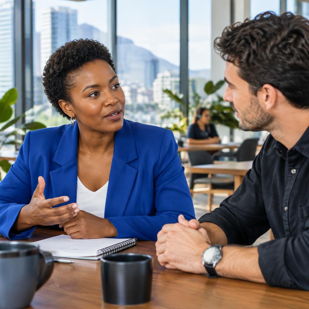 A professional in a blue jacket sharing ideas with a colleague